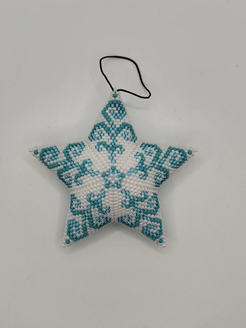 Beaded Star Ornament in White & Teal - Handcrafted Holiday Accent